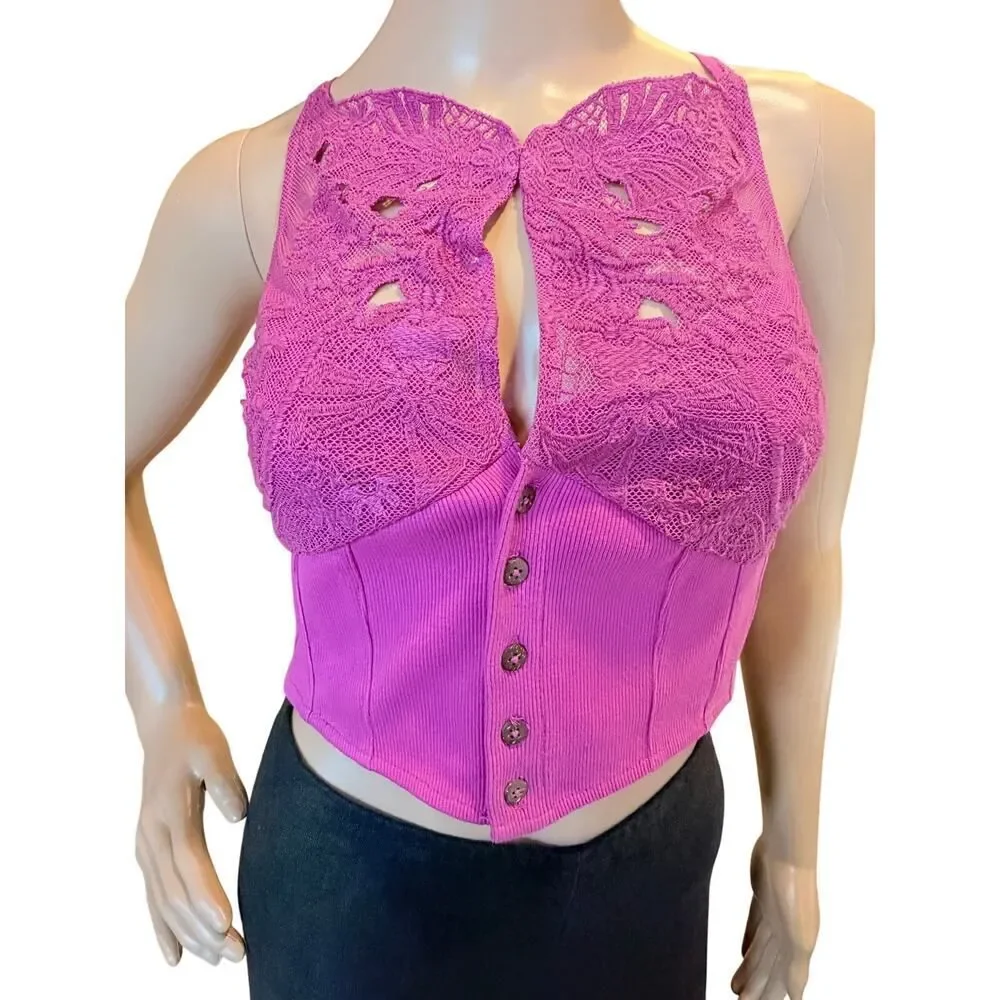 Free People Have My Heart Tank Top XS Raspberry Sorbet Lace Crop Babydoll Cami